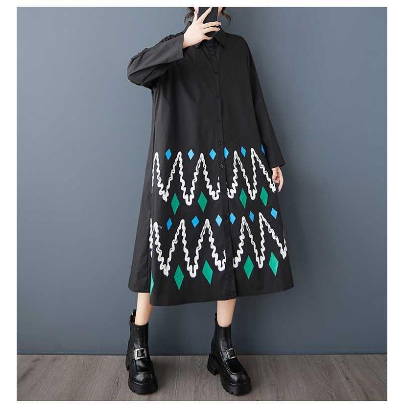 Loose Large Size Printed Splicing Casual Simple Sweetheart Long Sleeve Dresses