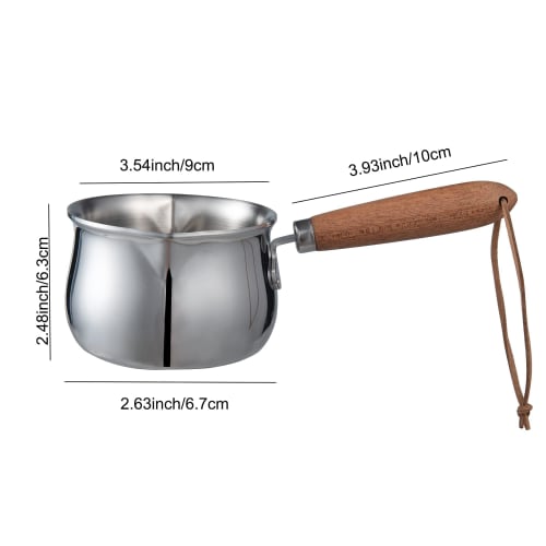 IMEEA Milk Pan, Saucepan, 18-10 Stainless Steel, Induction Compatible, 250ml, Graduated Milk Pan, Mini Saucepan, Wooden Handle