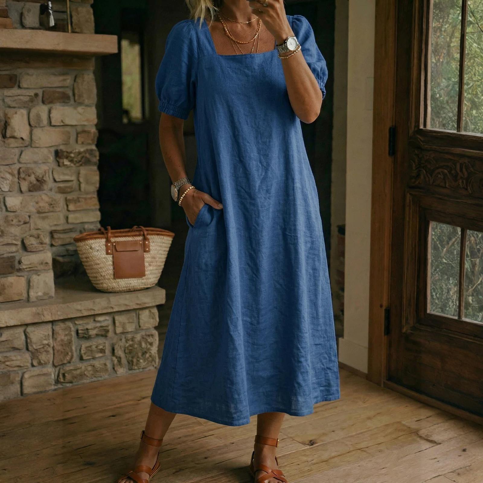 Women s Square-Neck Short-Sleeve Dress L синий