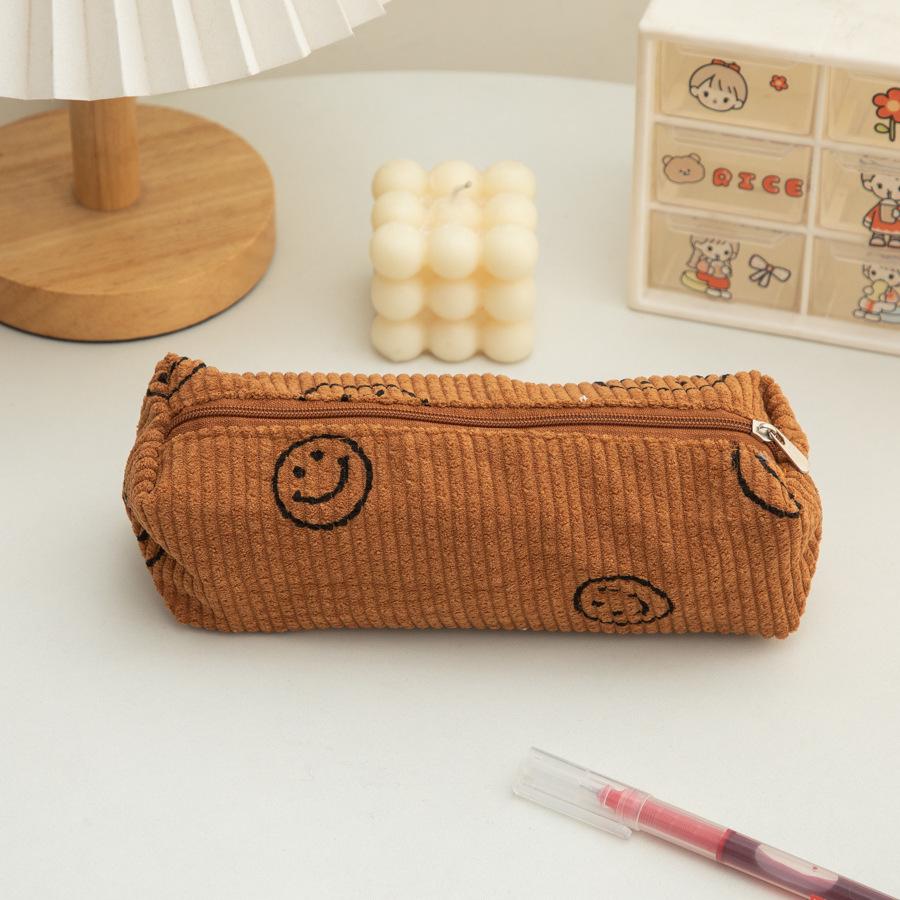 Smiley Face Corduroy Pencil Case: Durable, Dirt-Resistant, Large Capacity Storage for Students