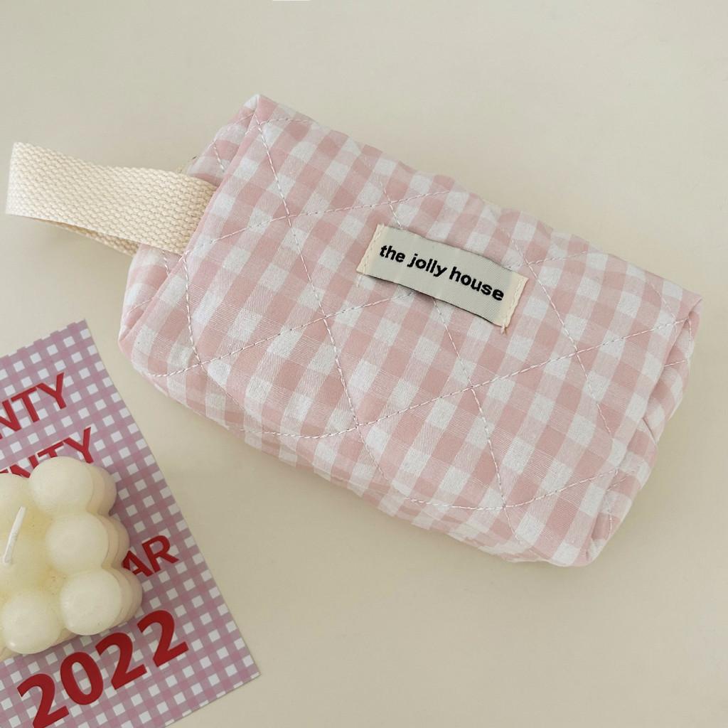 Pink And Green Plaid Makeup Bag With Breathable Polyester For Travel And Daily Use