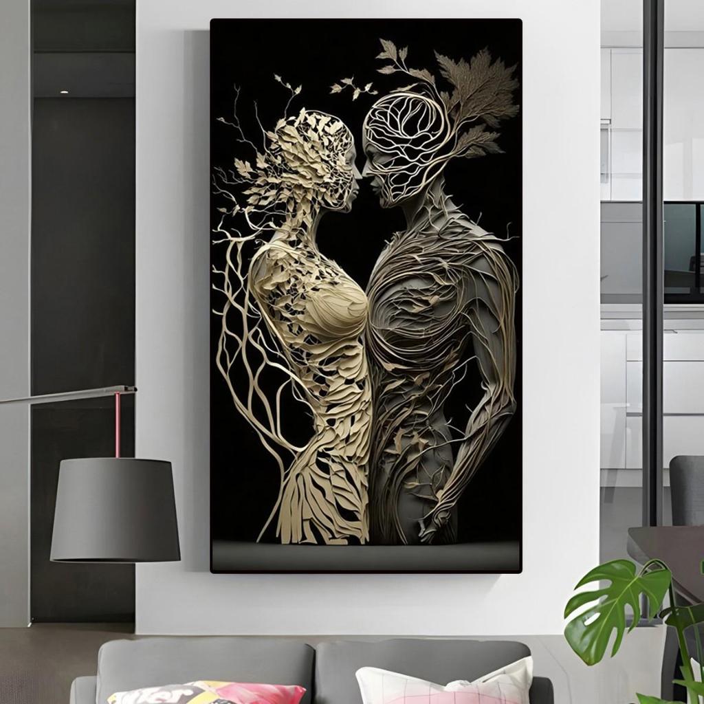 Modern Black & White Double Canvas Painting with Intricate Floral Figures