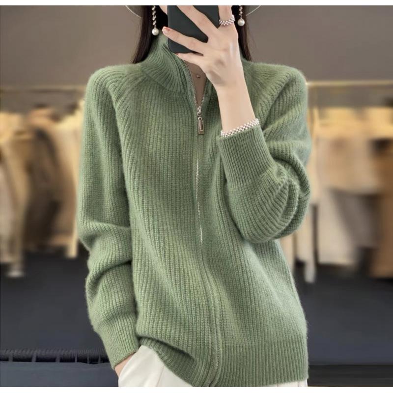 Spring Autumn and Winter Cardigan Women's Stand-up Collar Zipper Cardigan Thickened Cardigan Jacket Knit Sweater with Lazy Style