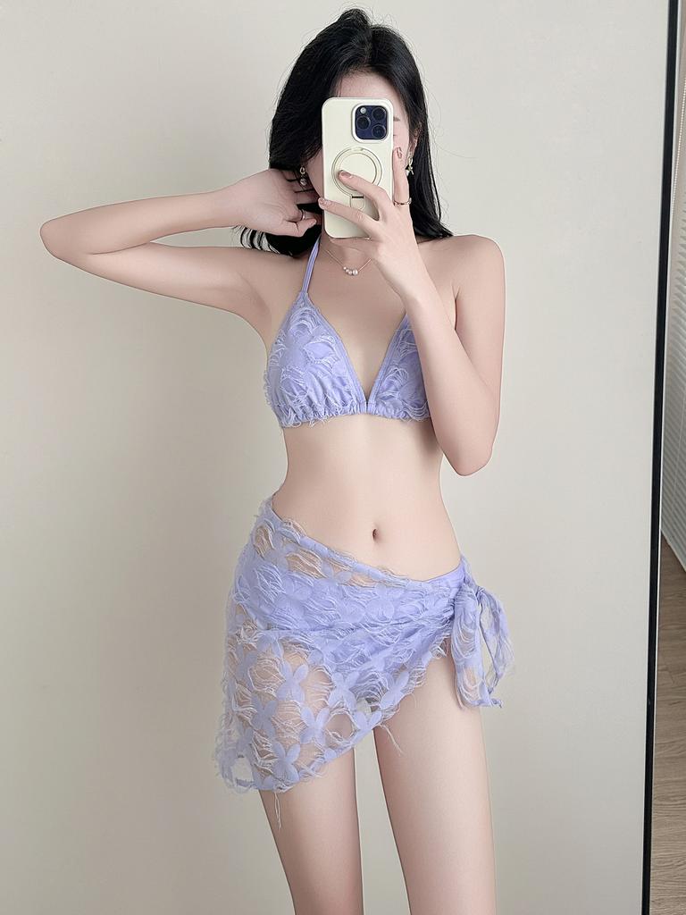 Summer New Bikini Three-piece Black Slim Triangle Towel Character Hot Girl Pure Desire Swimsuit Large Size MM