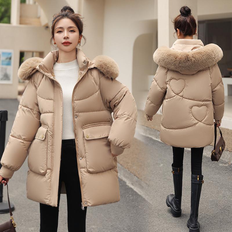 Winter Damen Mittellange Lockere Baumwollgepolsterte Jacke mit Großem Pelzkragen und Daunenjacke