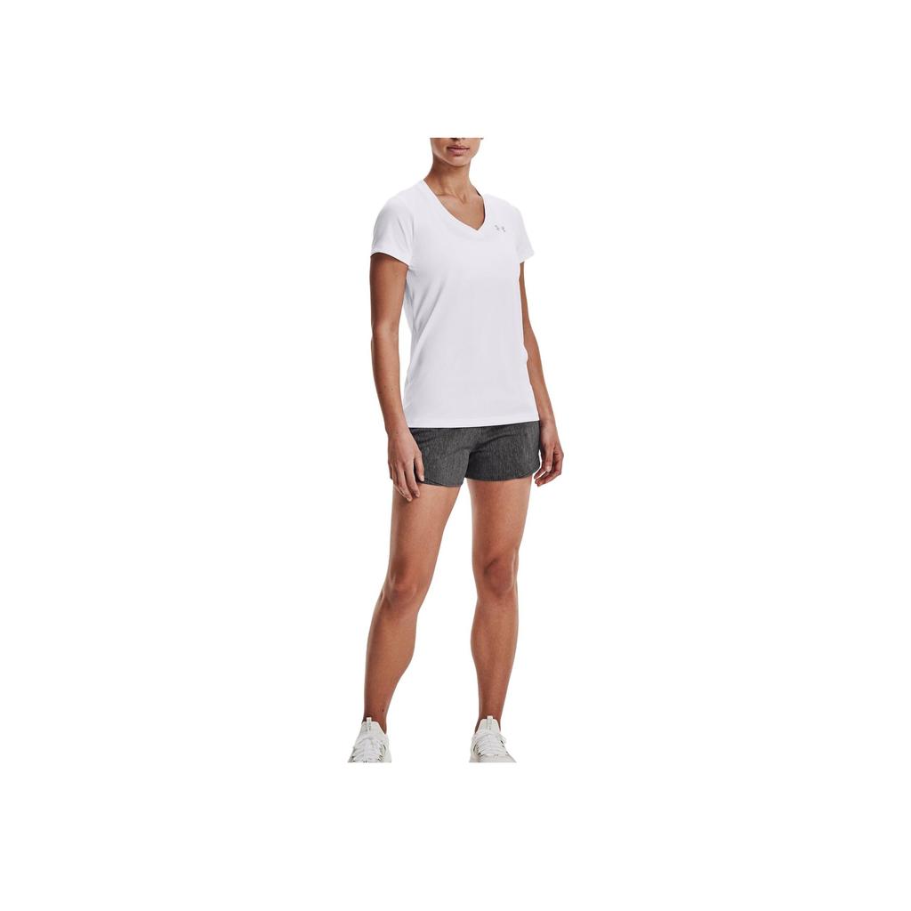 Under Armour Solid Color V-Neck Short Sleeve T-Shirt Women Tops Silver 1255839-100