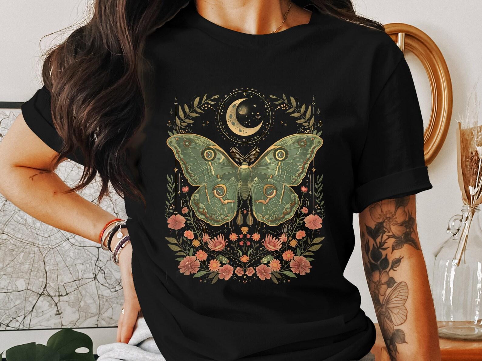 Vintage Butterfly Graphic Tee, Cottagecore Aesthetic Shirt, Nature Lover Gift, Moon and Stars Design, Boho Hippie Clothing 4XL