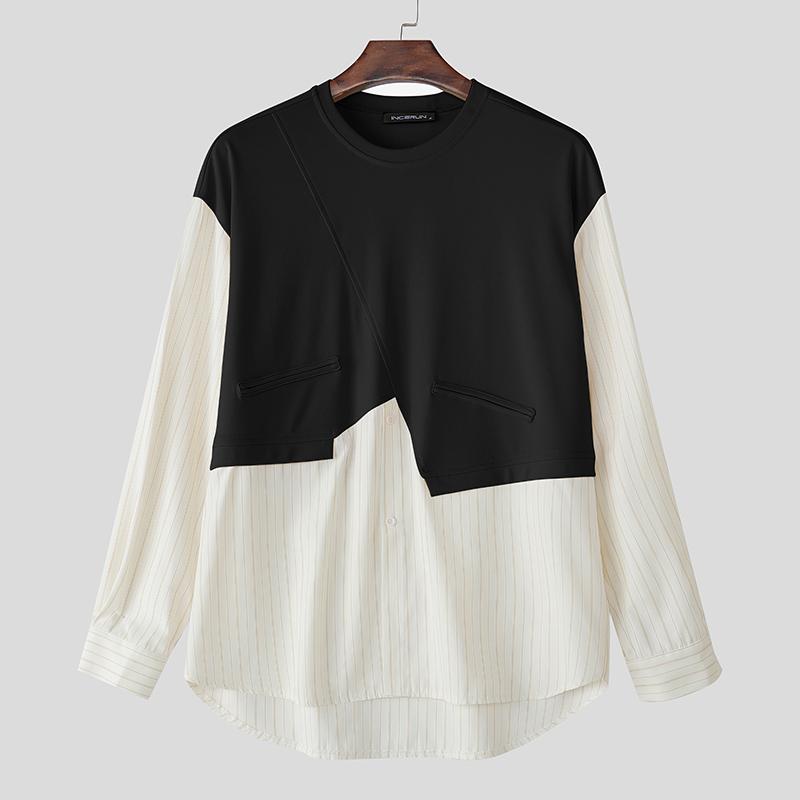 

INCERUN Oversized Men Casual Round Neck Long Sleeve Patchwork Striped Shirts Tops 5XL чёрный