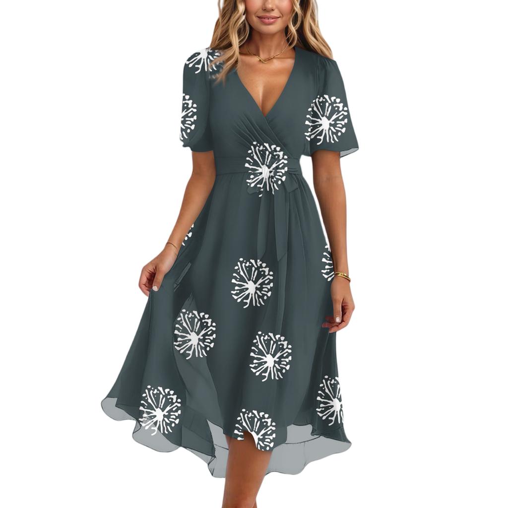 Damenmode Lässig V-Ausschnitt Kurzarm Rüschen Vintage Bedruckte Kleider