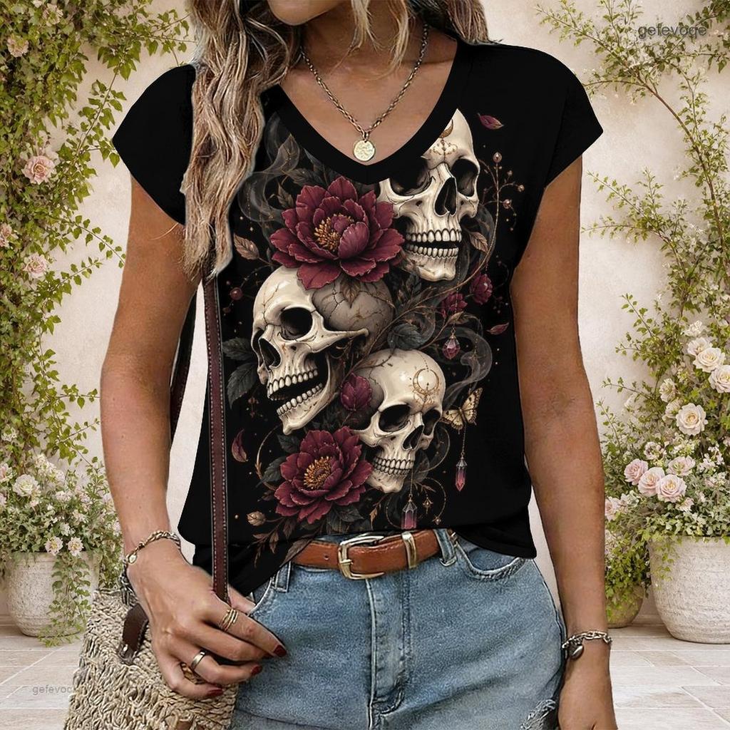 Women Plus Size V Neck Wide Short Sleeve Skull Moon Printed Black T Shirt