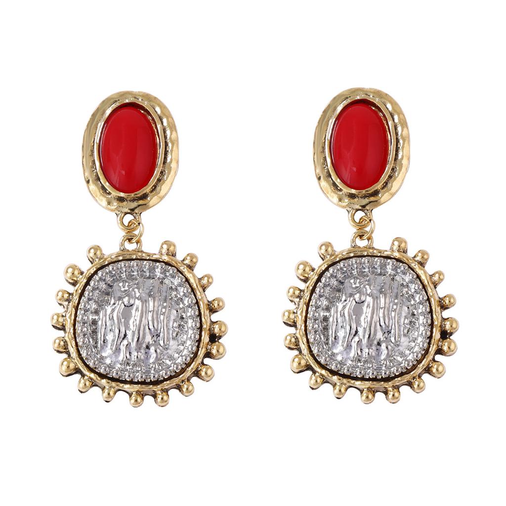 Retro Geometric Alloy Inlaid Resin Earrings for Women Ladies Europe and America Style Exaggerated Pendant Earrings Jewelry Gifts
