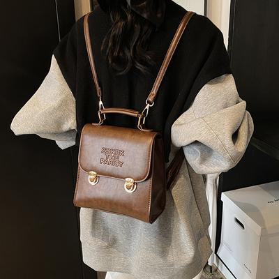 Large Capacity Simple Casual Backpack Small Square Texture Portable College 2025 Retro Double Lock Single Shoulder Messenger Bag