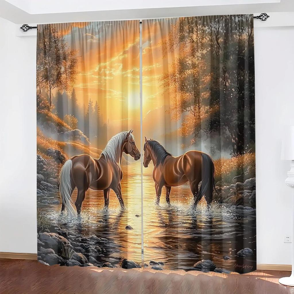 2 Pieces of Sunset Stream Horse Printed Curtains,30*65 Inches, Home Decoration, Room Decoration