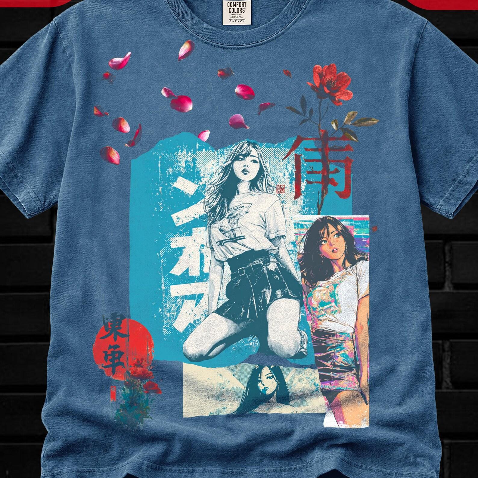 Hot Anime Girl Shirt, Floral Graphic, Sus Anime Girl Face, Washed Anime tee, Manga shirt, Anime Gift, Vintage anime shirt, Anime Girl Pose L