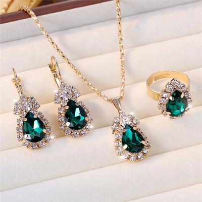 Elegant Water Drop Shape Jewelry Set For Women Luxury Gold Color Crystal Necklace Earrings Ring Set Wedding Party Jewelry Gift