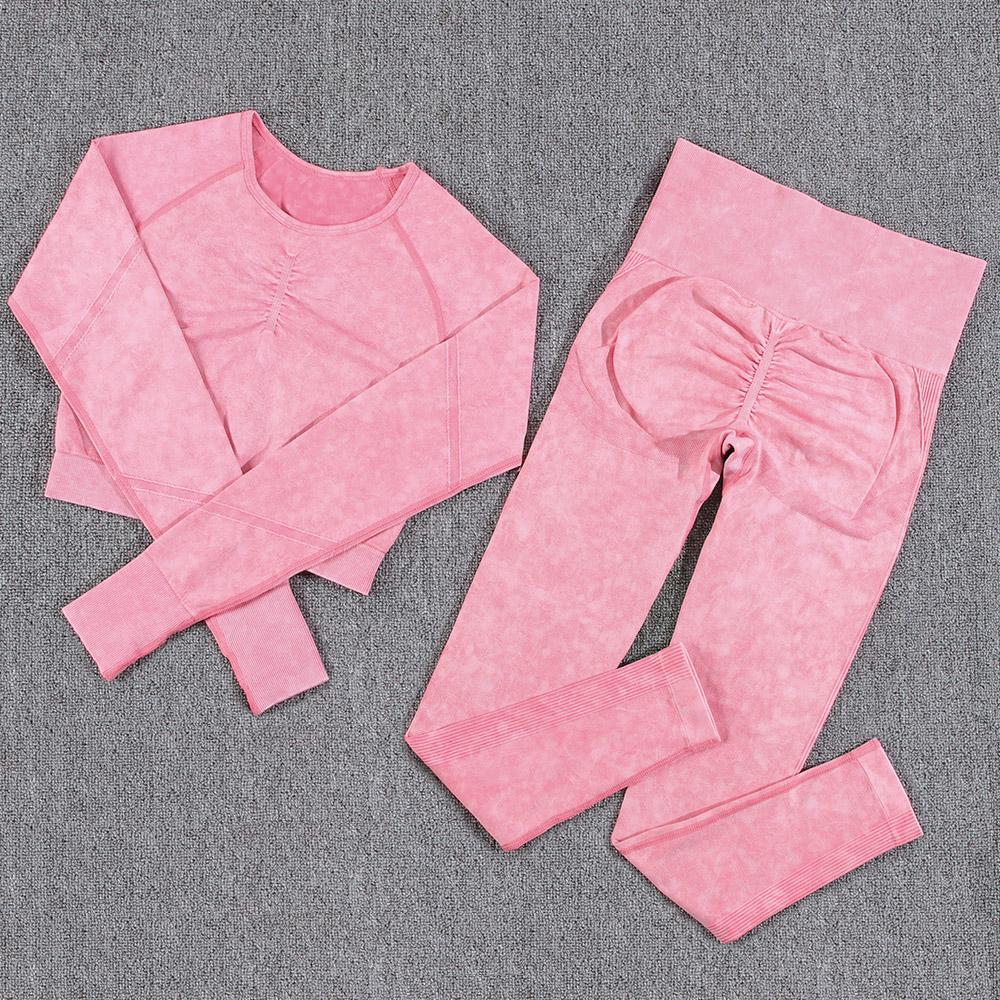 

2 шт. комплект для йоги женский бесшовный топ для фитнеса с длинными рукавами комплект для йоги пуш-ап спортивные модные леггинсы с высокой талией костюм для йоги M розовый