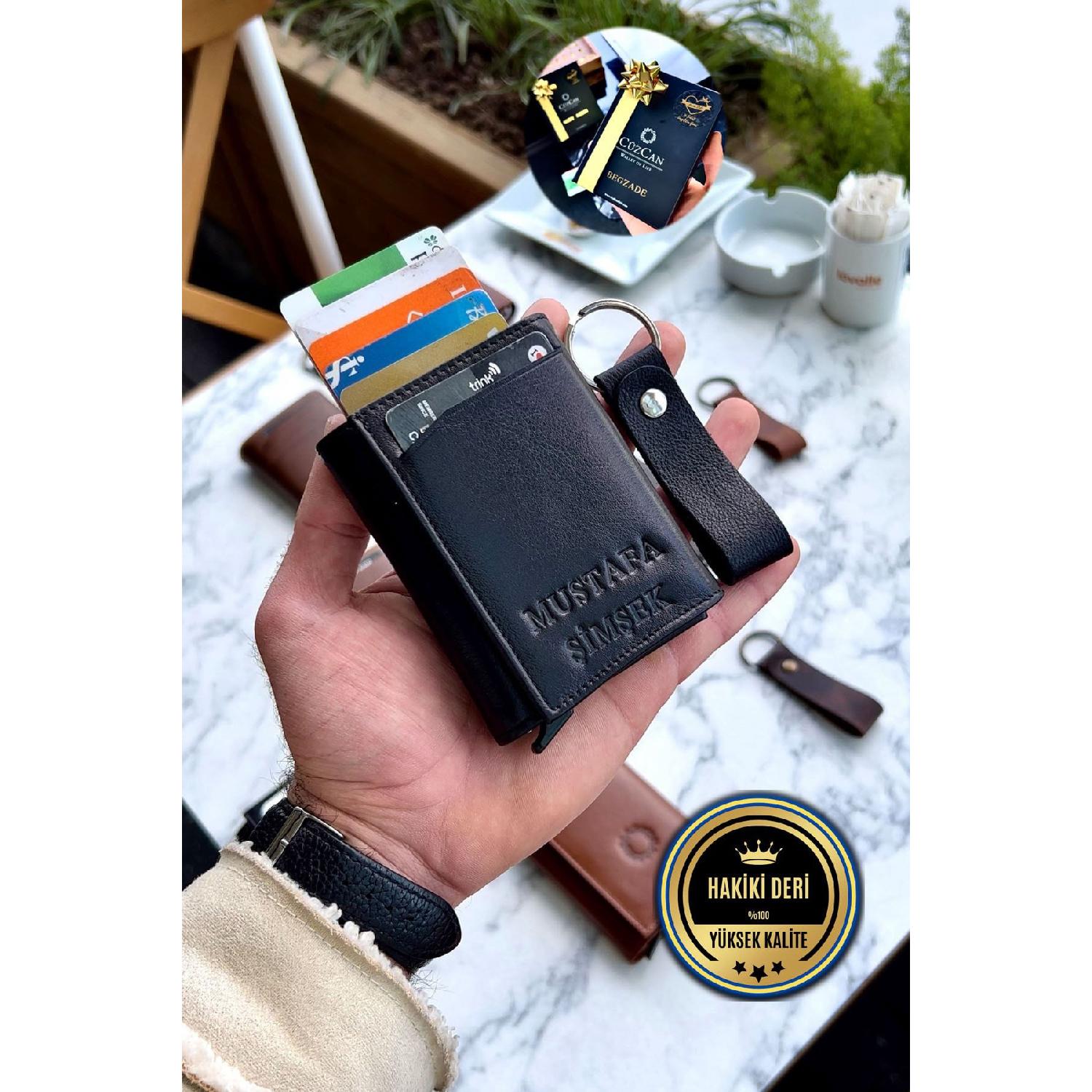 

Unisex Black Genuine Leather Mechanism Wallet - (special To Name) - (genuine Leather Keychain With Gift) чёрный