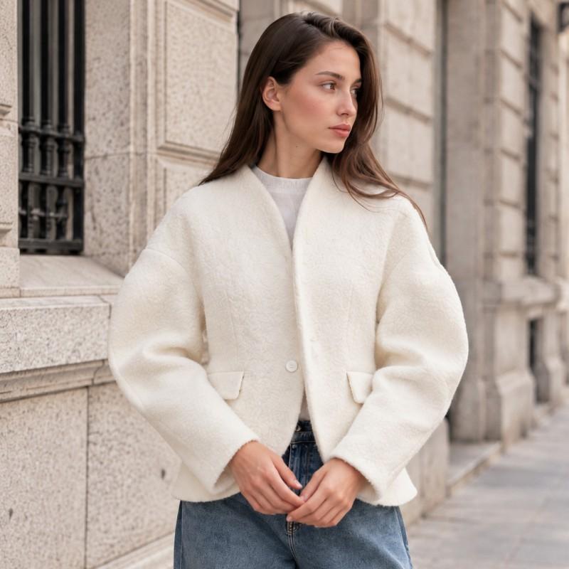 Womens Wool Blend Coat Winter V-neck Lamb Leg Sleeve Tailored Short Overcoat