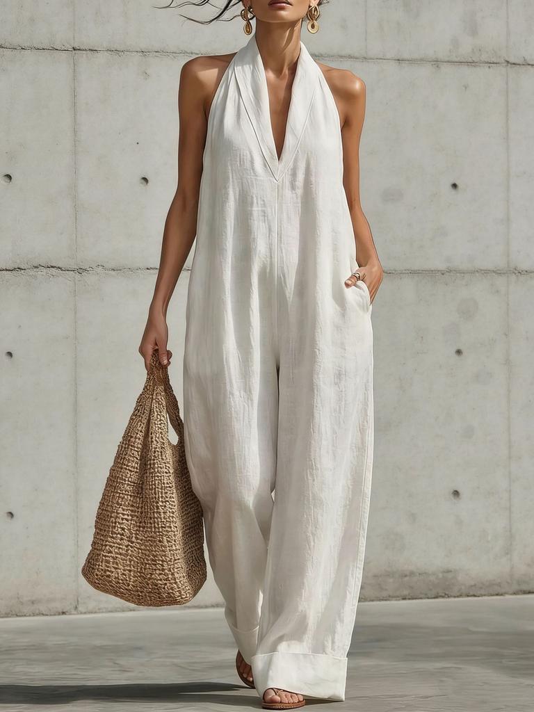 Women Simple Elegant Sleeveless Straight Casual Cotton Linen Jumpsuit