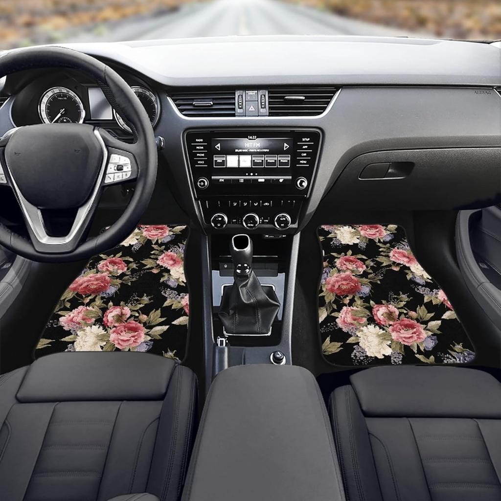 Dark Vintage Floral Print Floor Mats Set of 4, Seamless Floral Pattern with Peonies Watercolor Vehicle Front Rear Carpets Mats Floor Rugs Accessories