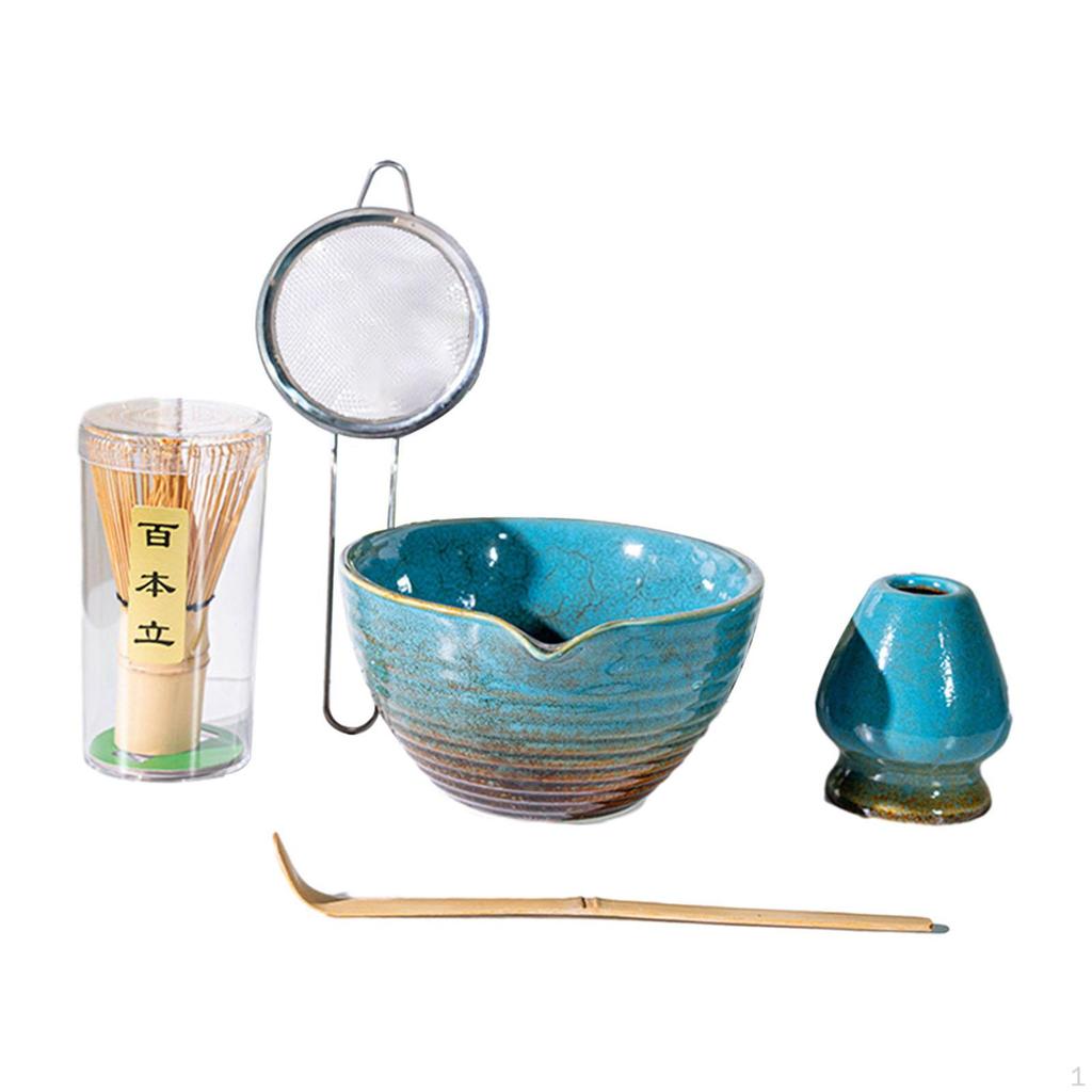 5-teiliges Matcha-Set: Schale mit Ausguss, handgefertigter Schneebesenhalter, japanisches Set