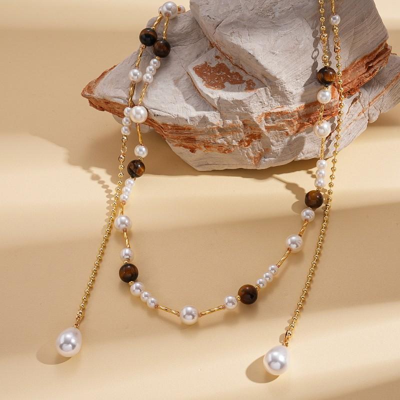 Long Layered Sweater Necklace Faux Pearl Tiger Eye Beads Vintage Elegant Fashion Jewelry Women