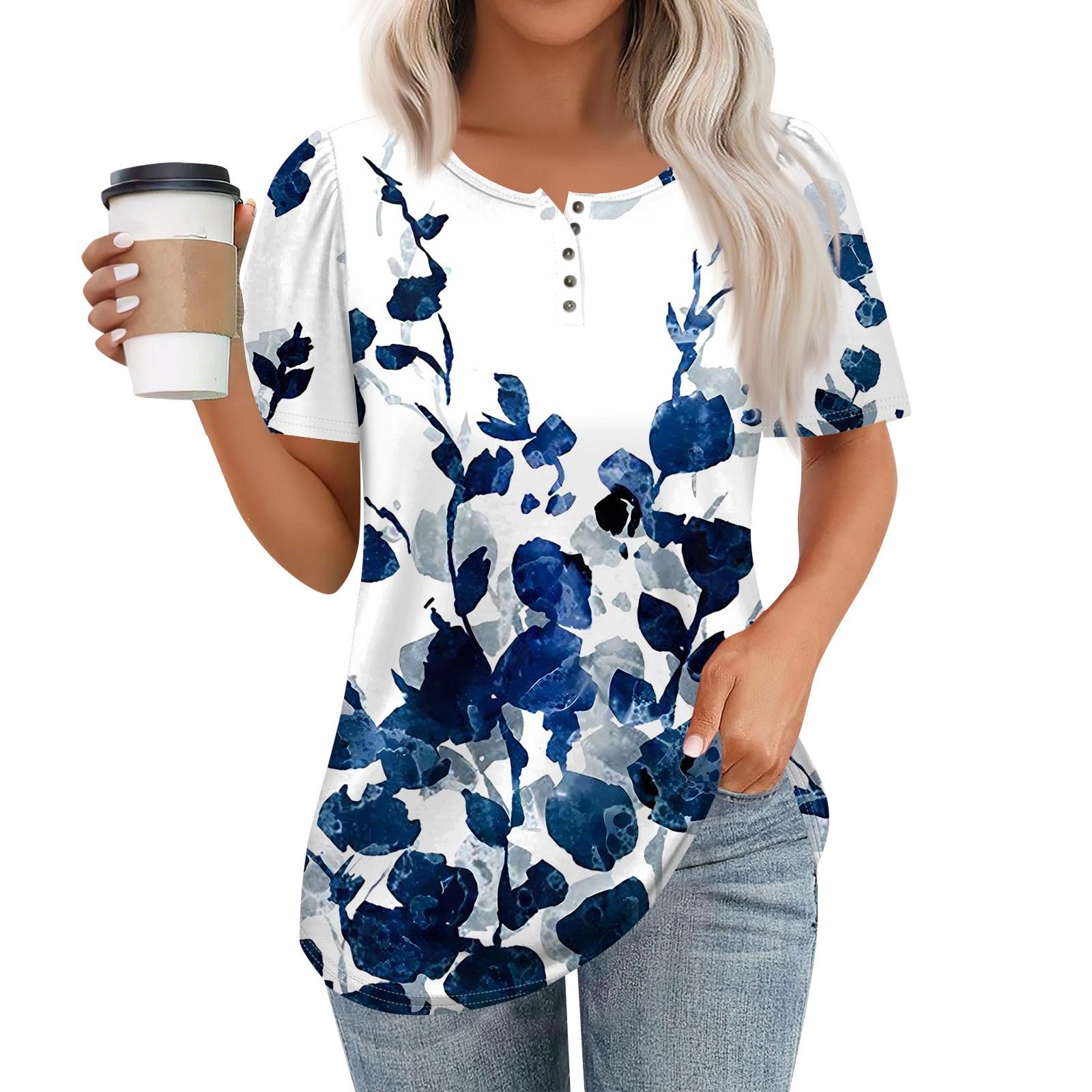 

Женский модный повседневный короткий рукав пуловер с цветочным принтом и круглым вырезом на пуговицах M синий