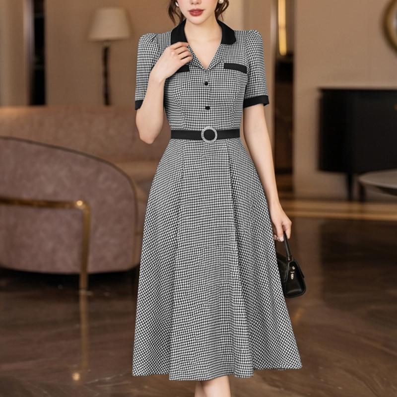 ZANZEA Women Plaid Print Casual Turn Down Collar Short Sleeve Elegant Commute Dress S