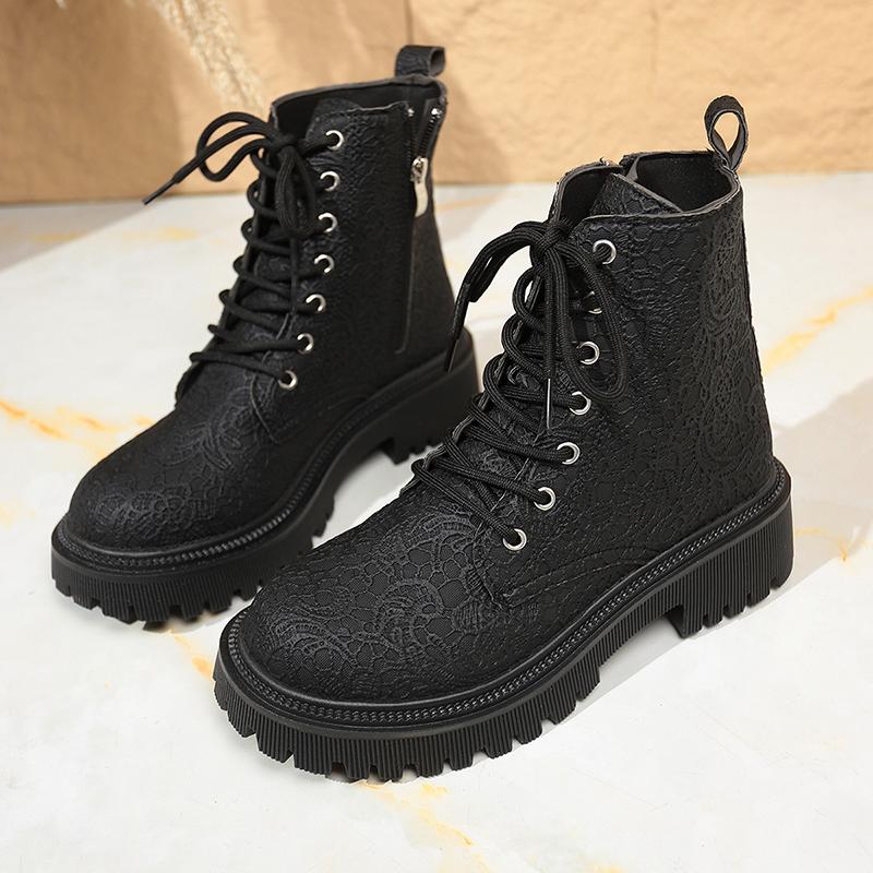 Fashion Flower Figure Thick Sole Short Boots Women Fashion Lace Up Platform Ankle Boots Woman 2025 Side Zipper Pu Leather Booties Mujer