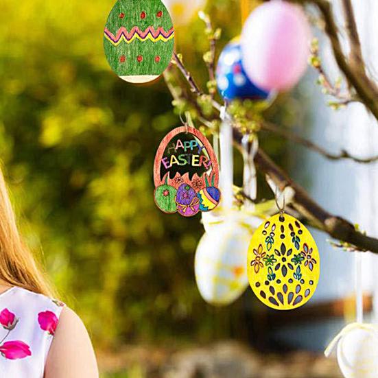 Easter Egg Pendant Creative Shape Exquisite Pattern Smooth Edge Burr Free Easy To Hang Wooden Egg Hanging Pendant Decal DIY Craft Kit Home Supplies