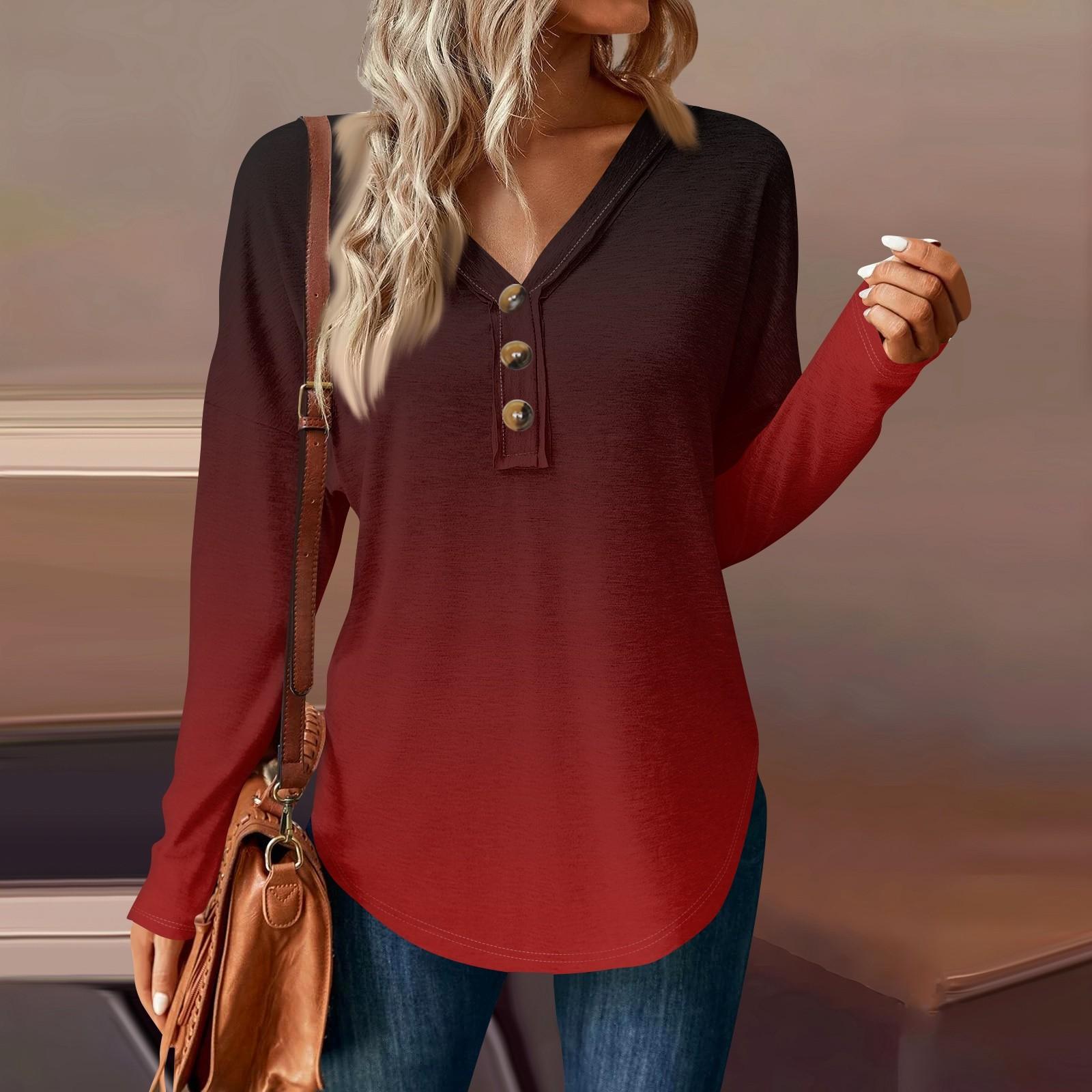 

Жіночий повсякденний пуловер з V-подібним вирізом і градієнтним верхом на ґудзиках XL винний