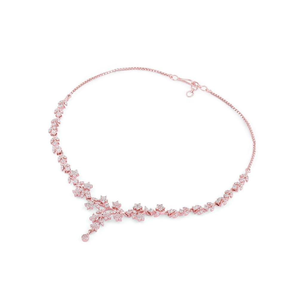 Rose Dazzling Cubic Zirconia Floral Brass Necklace & Earring Set For Women