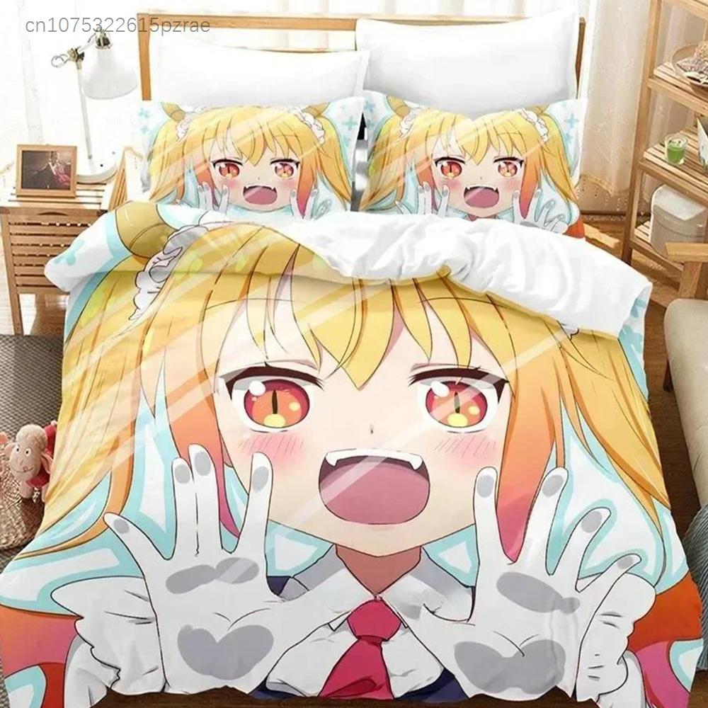 3D Kawaii Girl Miss Kobayashi's Dragon Maid Bedding Set Anime three-piece Set Adult Kid Bedroom Duvet Cover Sets Home Textiles