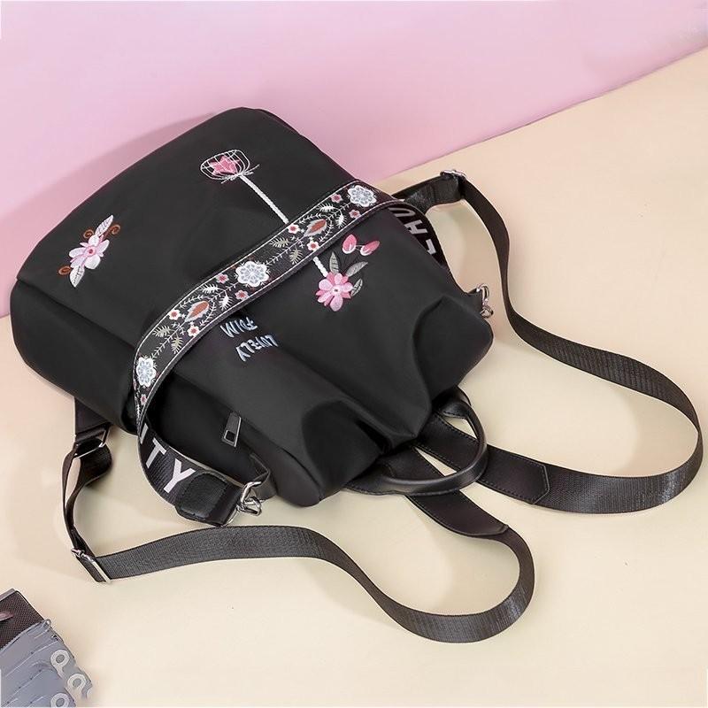Floral Embroidered Double Backpack Large Capacity Women's Bag Oxford Fabric Blue Black Khaki