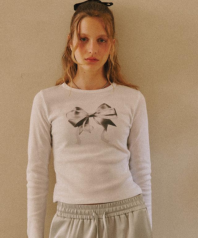 RONRON Double Ribbon Slim Crop Long Sleeve White Silver