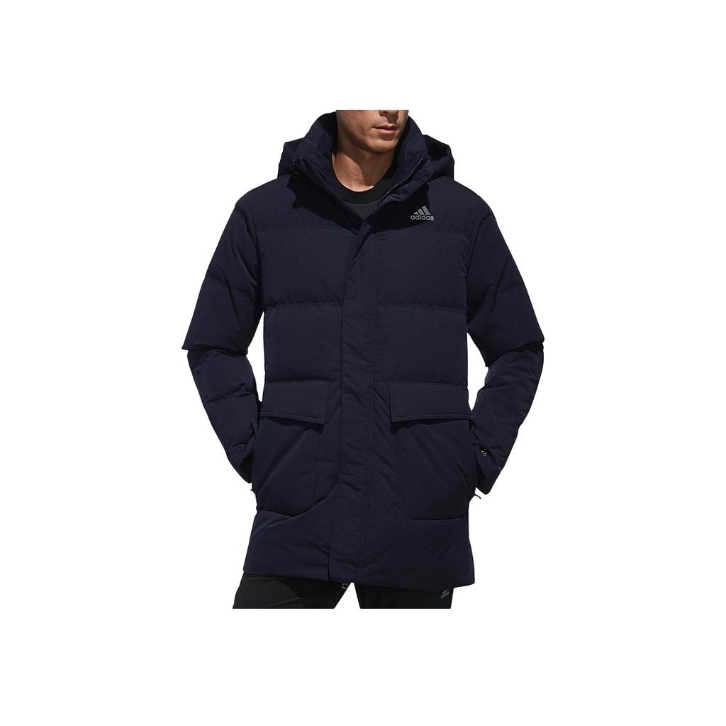 Adidas Solid Color Letter Print Hooded Mid-Length Down Jacket Men Outerwear Navy-Blue CK0970