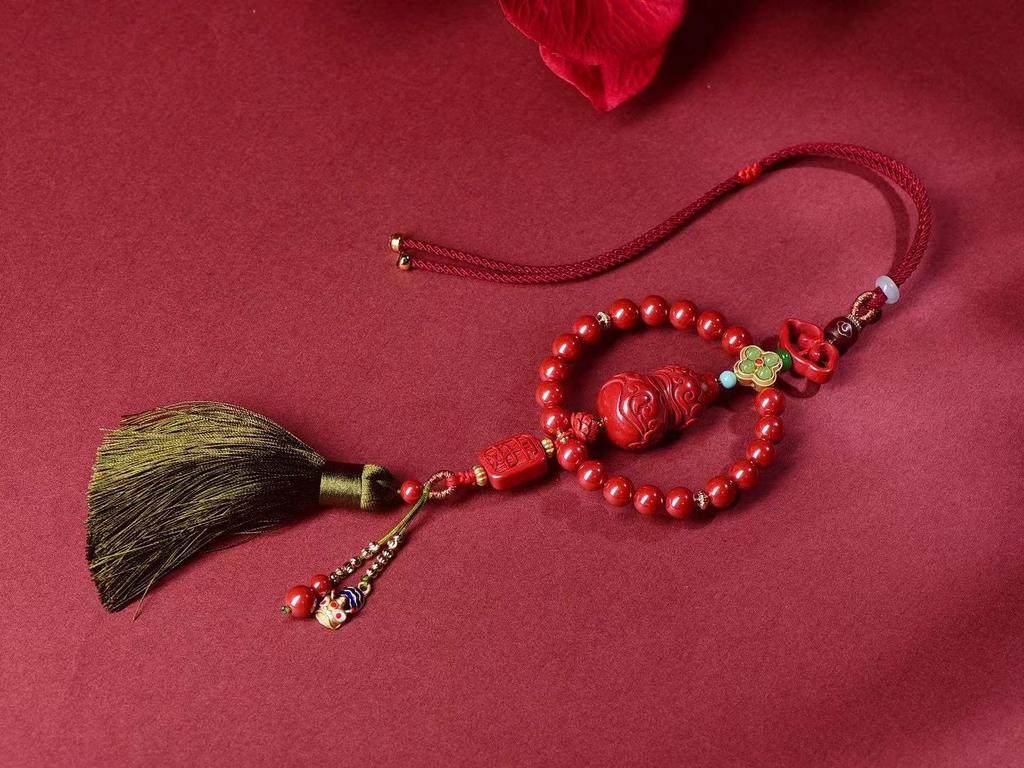 Emperor Sand Cinnabar Gourd Car Pendant - Handcrafted Fu Lu Double Pendant