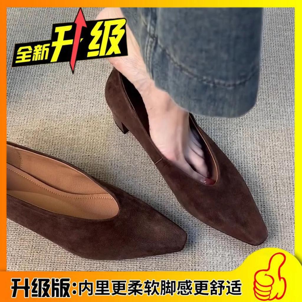 Leather version~ Commuter matte leather simple one-pedal single shoes women's French shallow mouth square head retro thick heel grandma shoes