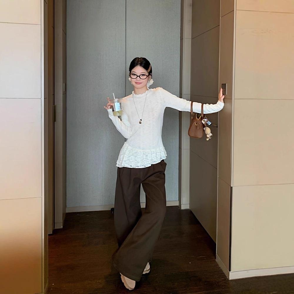 Song Zheng'en Women's Apricot Lace Trim Slim Fit Long Sleeve Ruffle T-shirt, Winter 2025