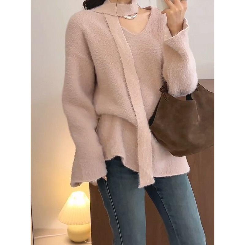 Gentle Mink Knitted Sweater Autumn and Winter New Lazy Knitted Sweater Top Loose Mid-length Scarf