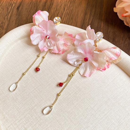 1 Pair Drop Earrings Bright Color Fabric Flower Rhinestones Tassel Long Earrings Holiday Statement Earrings