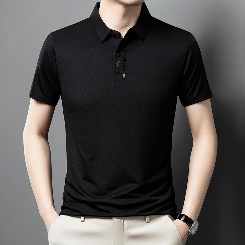 Ice Silk Embroidery Polo Shirt Summer Lapel Elasticity T-shirt Korean Fashion Short Sleeve Business Casual Men Clothing