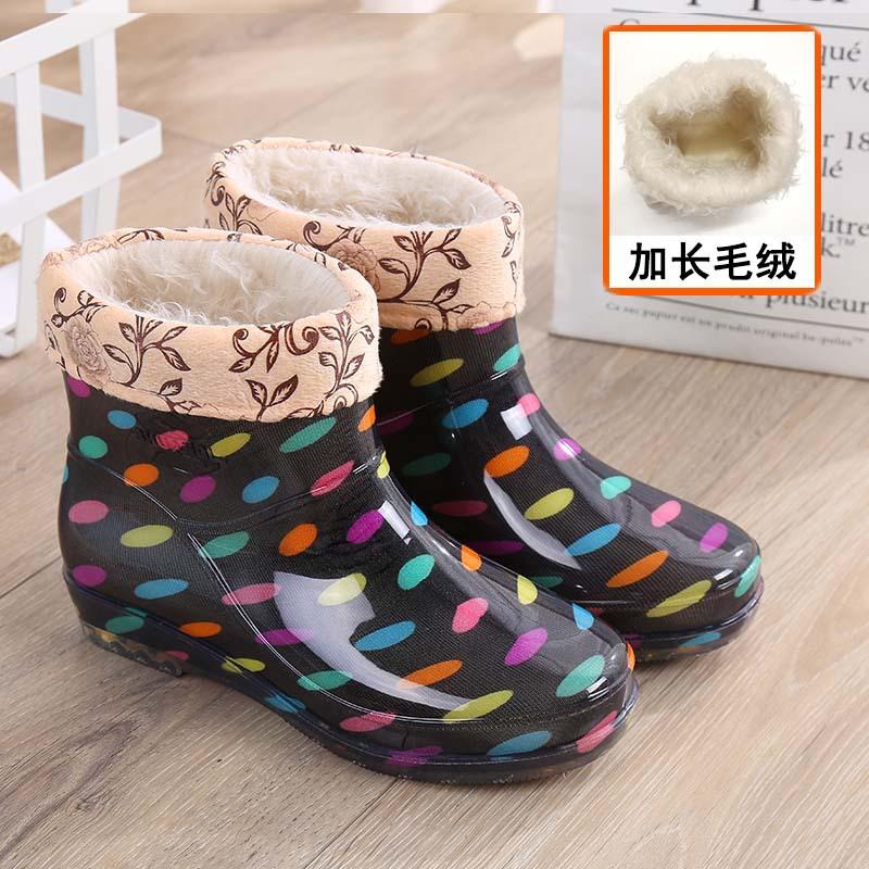 Fleece short rain shoes water shoes women wear waterproof rain boots non-slip shoes light car wash work water boots warm rubber shoes