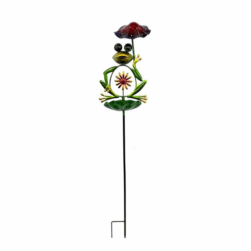 Frog Garden Stake Whimsical Metal with Foliage Base Outdoor Yard Art for Gardeners,
