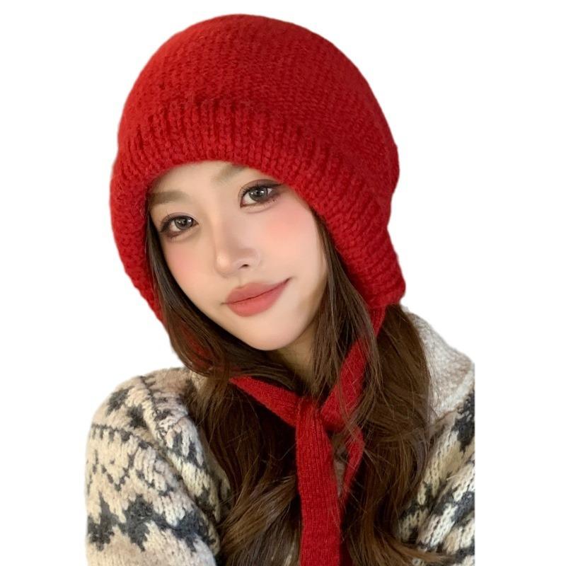 Face Small Lace-up Wool Pullover Hat Outdoor Wind and Snow Protection Ear Protection Knitted Hat Velvet Northeast Cold Protection Hat