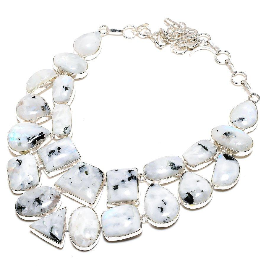 Rainbow Moonstone Gemstone 925 Sterling Silver Jewelry Necklace 18" SU-9768