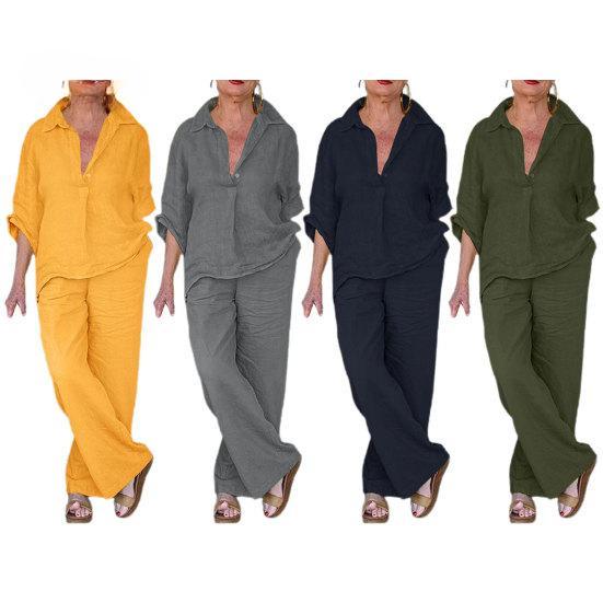 2Pcs/Set Classic 3/4 Sleeve Anti-pilling Casual Outfit Women Shirt Top Loose Long Pants Set Daily Garment