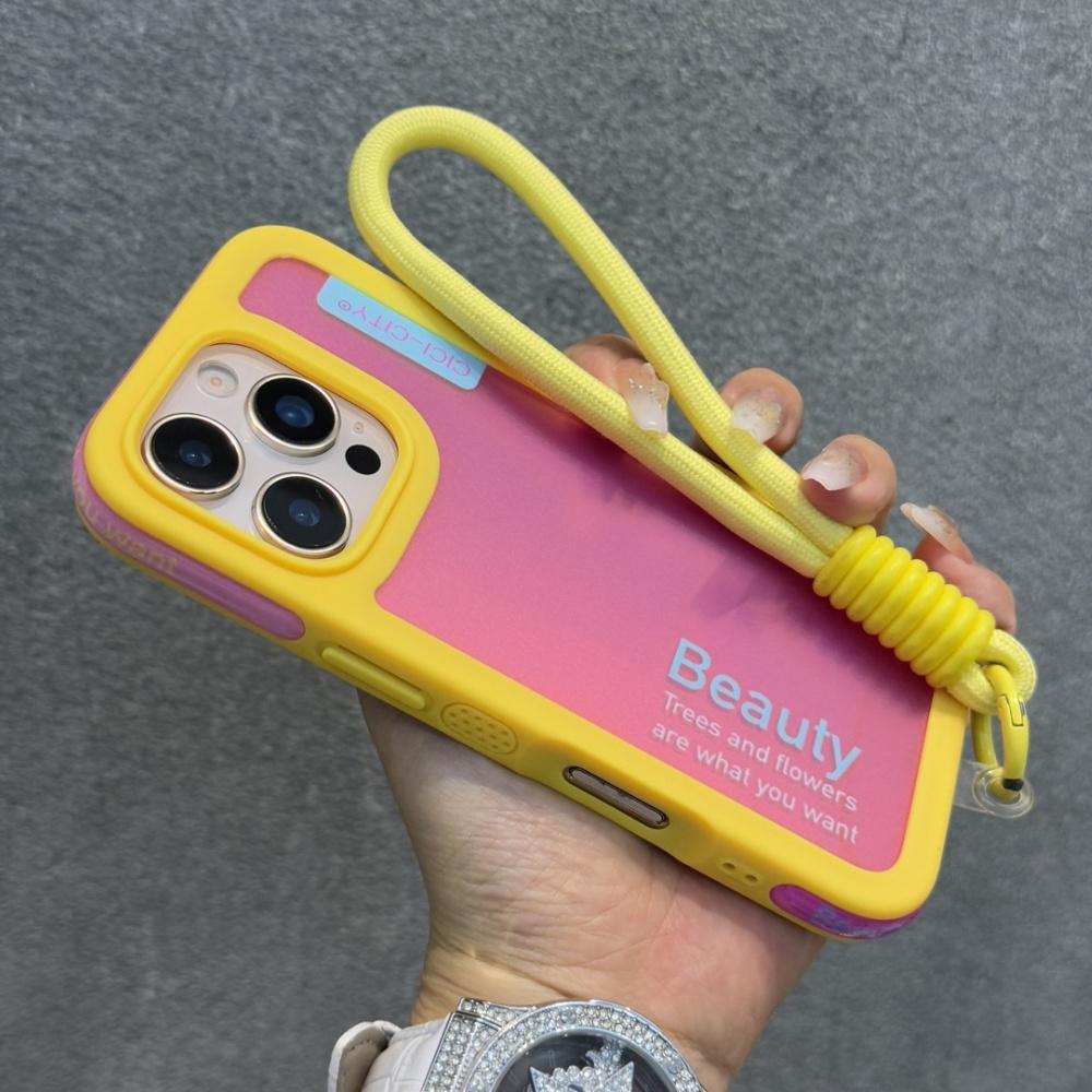 Candy Contrast Color Laser Wrist Strap Case For iPhone 14 15 16 17 Pro Max Frosted IMD Anti-Loss Cord Lanyard Soft Bumper Cover