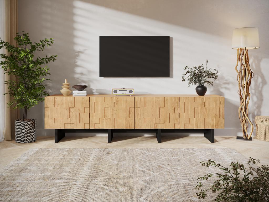 TV cabinet, TV board for TVs up to 75 inches, with lots of storage space, with 4 waffle-grid cabinet doors, natural wood color, 180×38.5×45cm