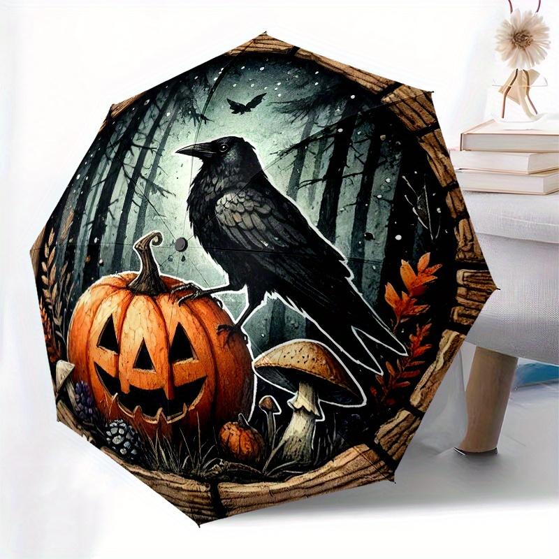 Halloween Pumpkin and Raven Wall ArtUmbrella, Portable 3-Fold Compact Umbrella for Men & Women Gift